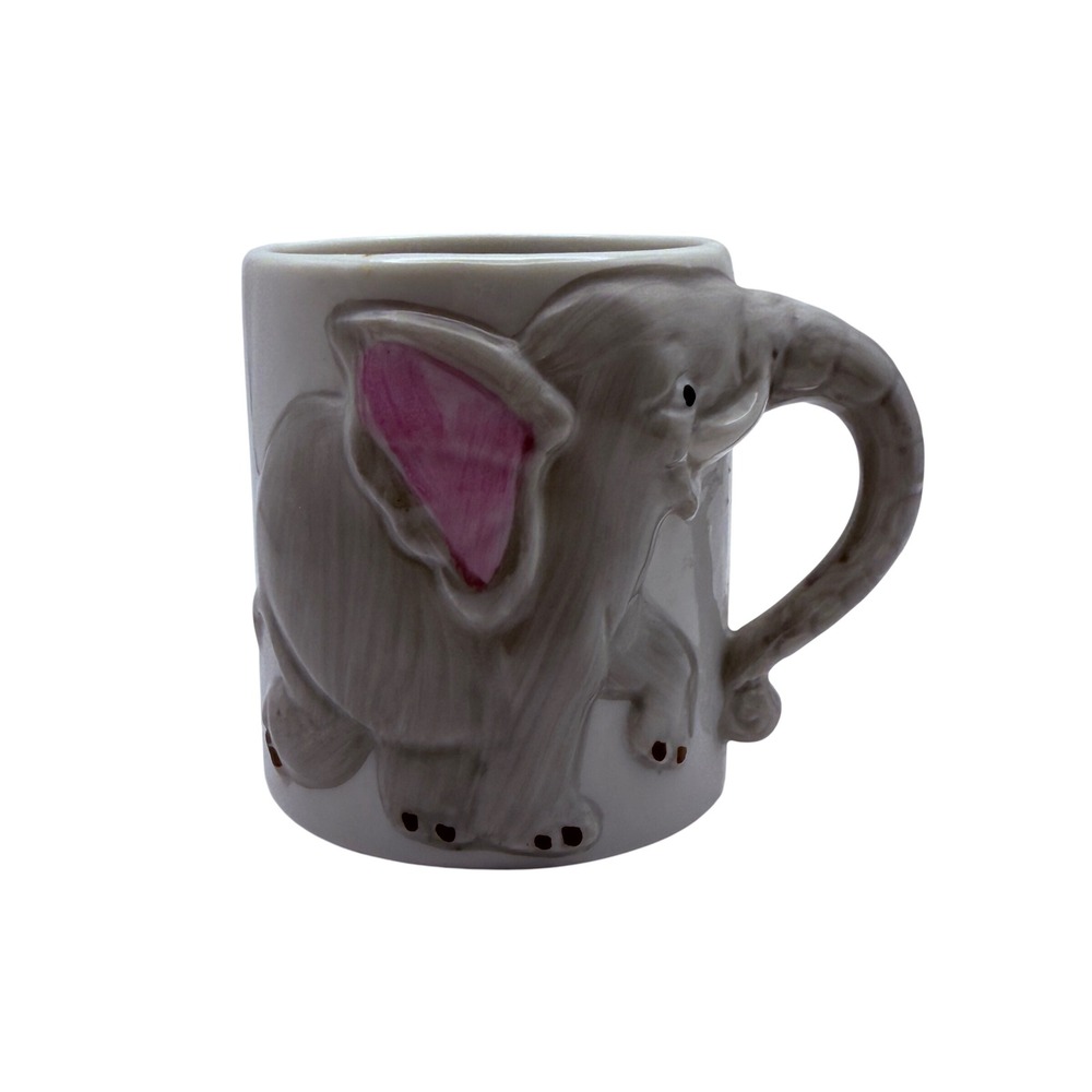 Vintage JSNY Elephant Mug 3D Relief Trunk‎ Handle Ceramic Taiwan Grey Pink White
